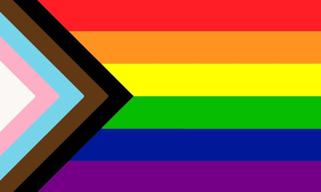 A pride flag includes the standard 6 rainbow pride colors. On the left hand side, a equilateral triangle points to the right with 5 equal stripes. From left to right, the stripe colors are as follows. White, light pink, light blue, brown, black. 