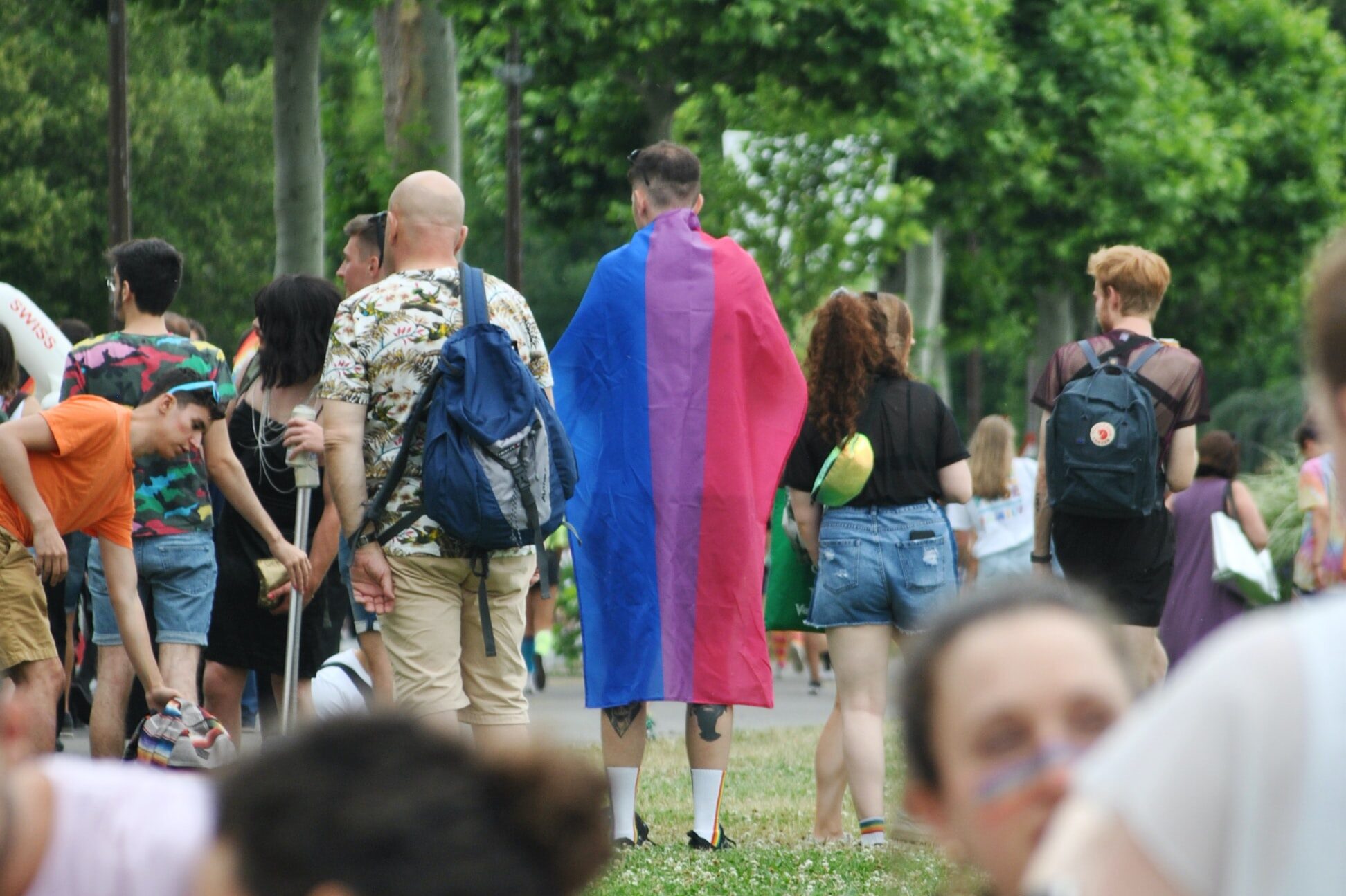 Two masculine people stand in a crowd facing away from the camera. One of them wears a bisexual pride flag as a cape.