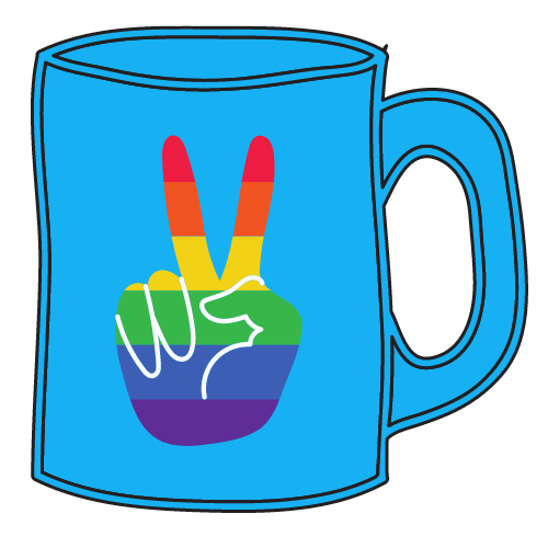 A mug has a rainbow peace sign on it.