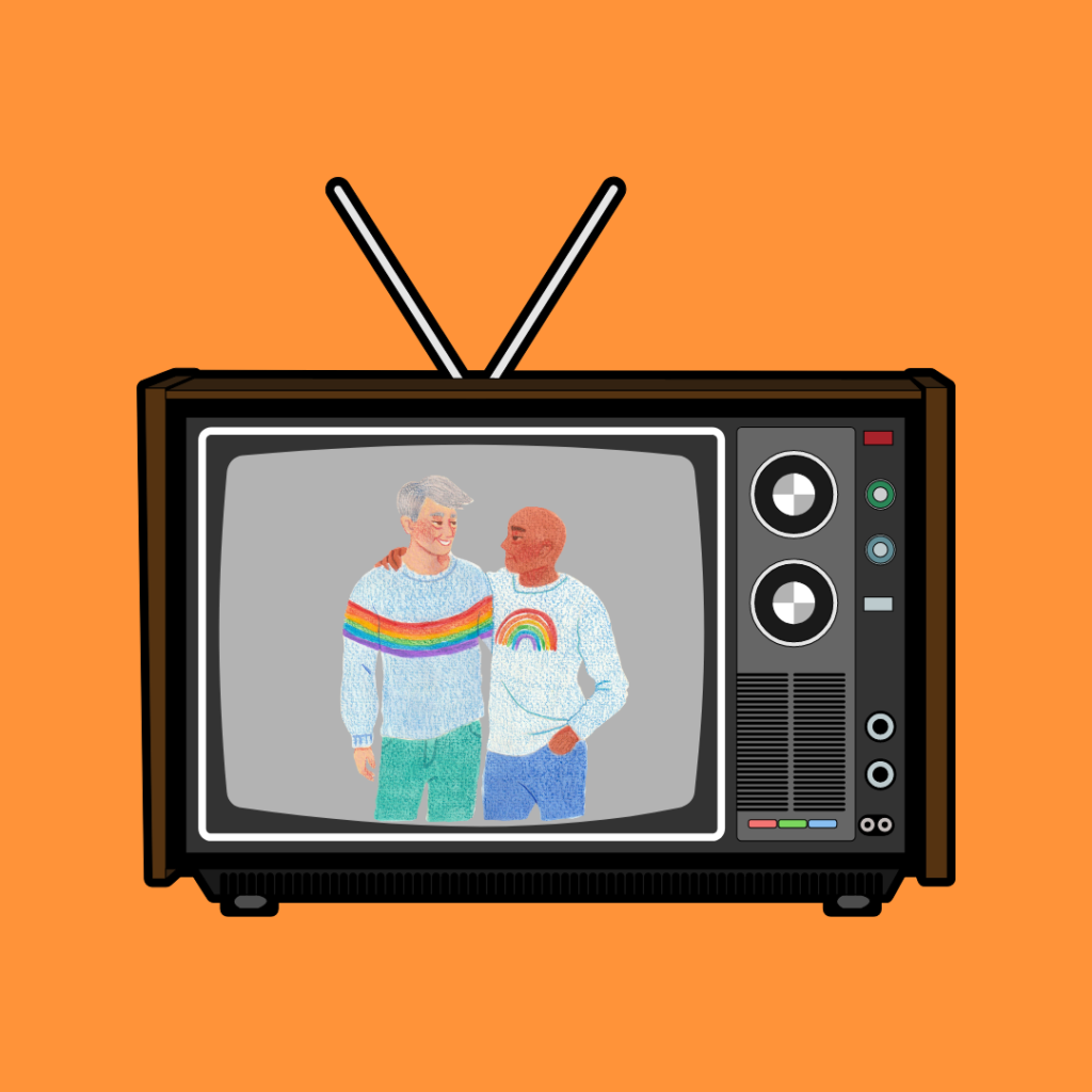 Decorative. On a TV screen, two men wearing rainbow sweaters stand with their arms around each other. 