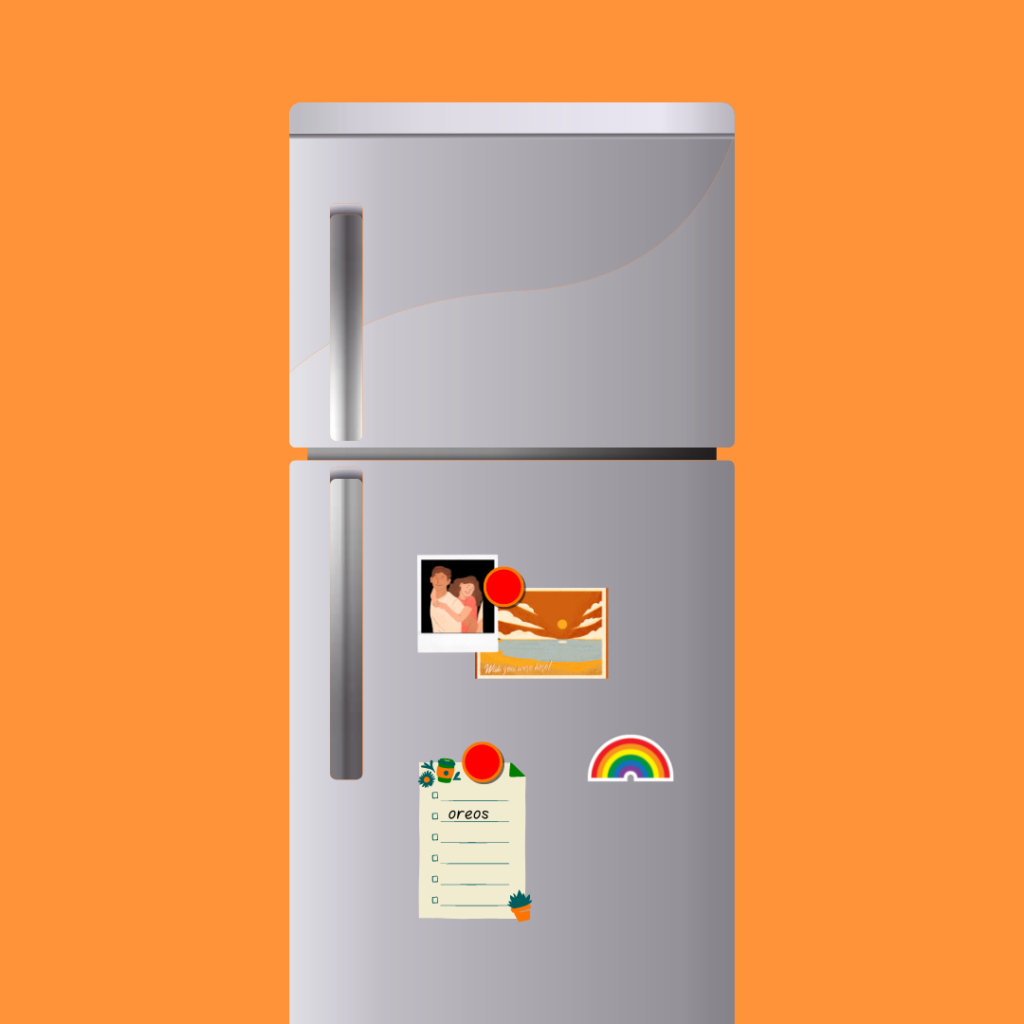 Decorative. A fridge has 2 magnets and a rainbow sticker. One magnet holds up a photograph of two people and a postcard of a sunset. The second magnet holds a shipping list with the, Oreos, on it.