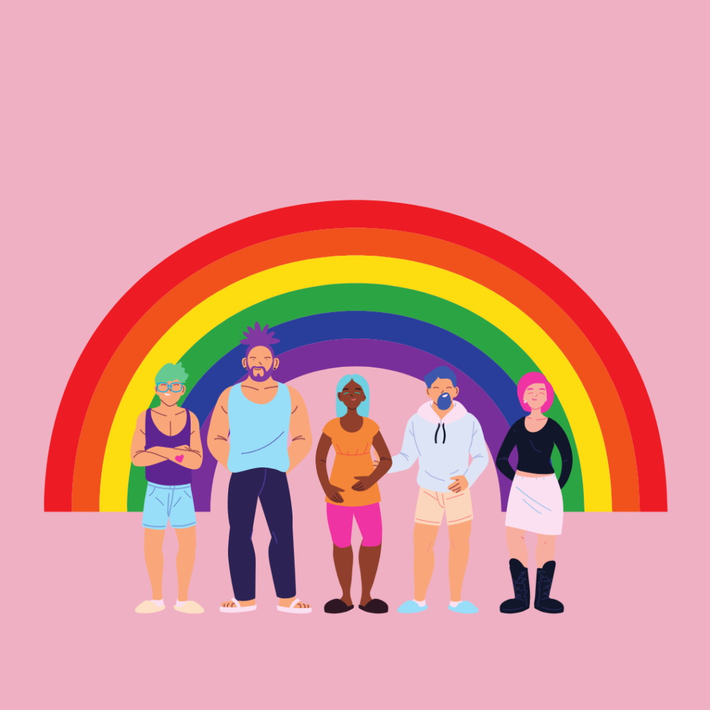 Decorative. Five people of mixed genders and races, with varying clothing styles and hair colors, stand in front of a rainbow.