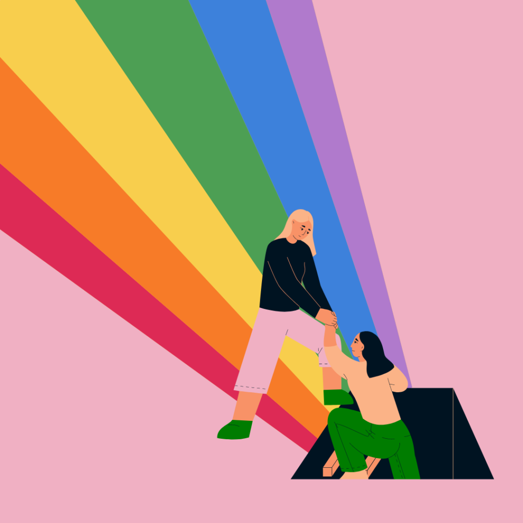 Decorative. A person with long hair pulls helps another person climb out of a dark hole. Behind both people, a rainbow beams.